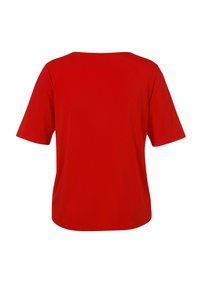 Rotes Kurzarm-T-Shirt, runder Halsausschnitt, glatte Textur, lockere Passform, keine sichtbaren Marken oder Muster, einfarbiges Design.