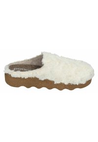 Pantofole bianche con una parte superiore in tessuto soffice e testurizzato che ricorda le rose, e una suola in sughero marrone ondulato. Design slip-on senza chiusure visibili.