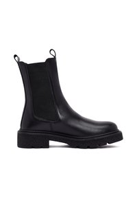 Czarne skórzane botki Chelsea z elastycznymi panelami bocznymi i pętlami do zakupu. Gruba teksturowana podeszwa z płytkim bieżnikiem dla lepszej przyczepności. Gładkie wykończenie i elegancki design.