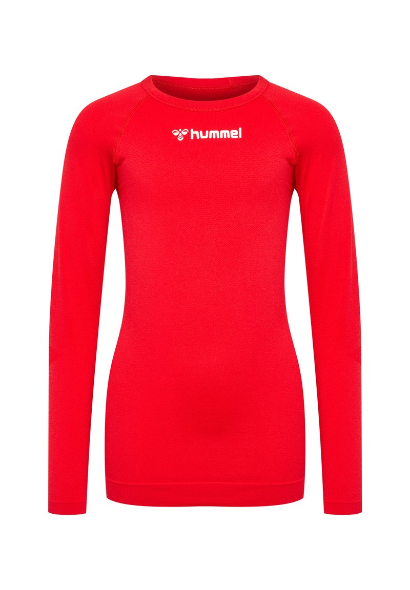 Rotes langärmliges Sportshirt aus einem strukturierten Stoff. Mit Rundhalsausschnitt und dem "hummel"-Logo auf der Brust.