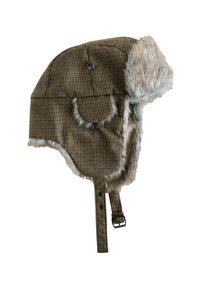 Brown plaid trapper hat with faux fur trim and ear flaps; features a button closure and adjustable strap for secure fit.