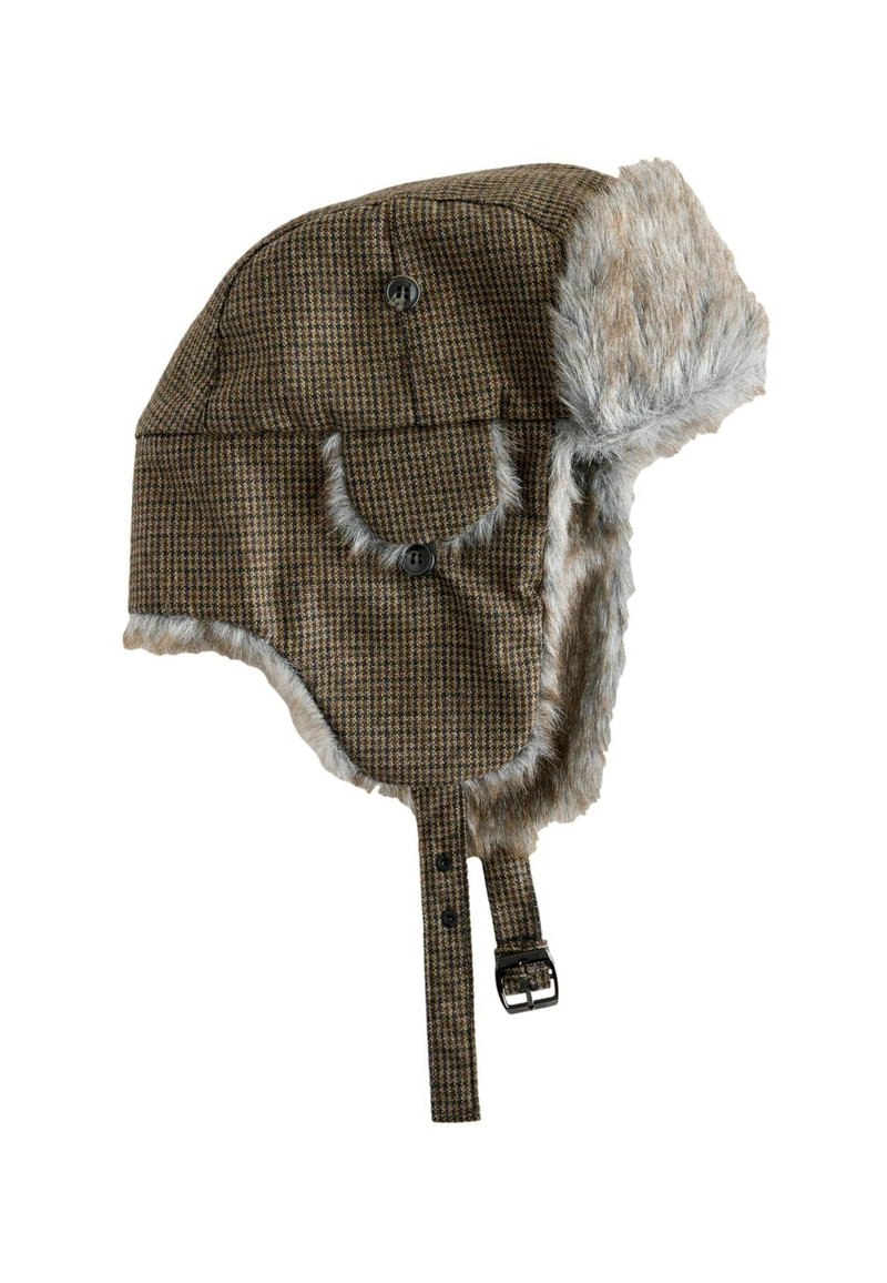 Brown plaid trapper hat with faux fur trim and ear flaps; features a button closure and adjustable strap for secure fit.