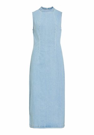 Ærmeløs, lyseblå denim midi-kjole med høj halsudskæring og sømdetaljer, lige snit og lynlås bagpå.