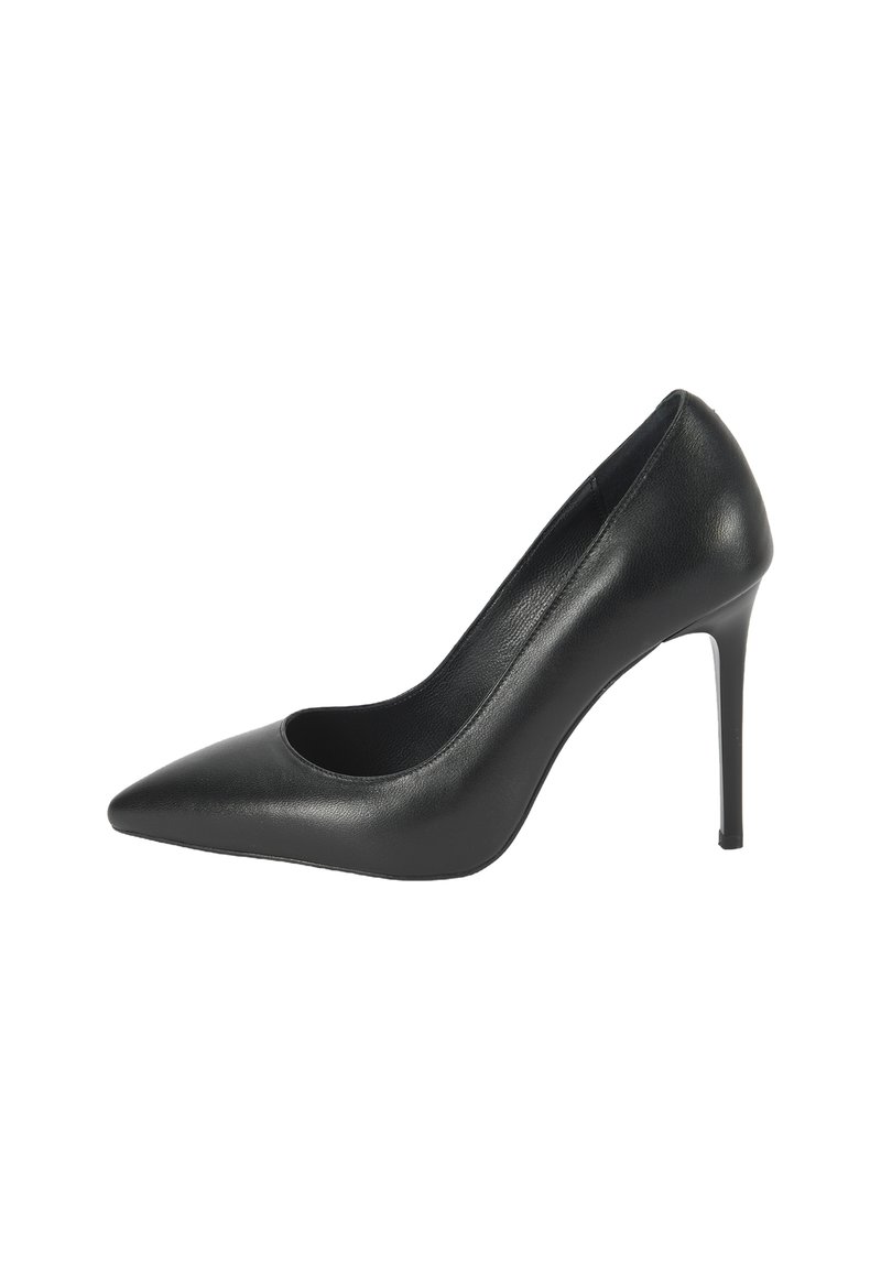 Schwarzer Leder-Stiletto mit spitzem Zehenbereich, glatter Textur und schlankem Design. Keine sichtbaren Muster oder Beschläge.