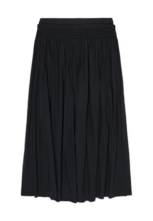 Schwarzer Midirock mit elastischem, gerafftem Bund und drapiertem Stoff für eine fließende, voluminöse Silhouette.