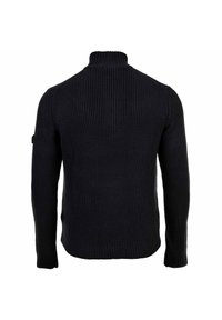 Maglione nero a collo alto lavorato a maglia con maniche lunghe, motivo testurizzato, e polsini e orlo a costine, mostrato da dietro.