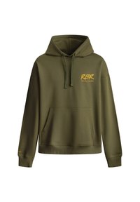 Haut à capuche vert olive avec cordon de serrage, poche avant et poignets côtelés. Présente le logo jaune "RBR" sur la poitrine et un tissu de couleur uni.