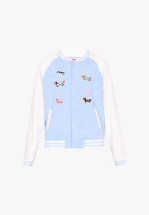 Lichtblauwe bomberjack met witte mouwen, voorzien van geborduurde honden en tekst. Geribbelde kraag en manchetten; twee voorzakken. Zacht materiaal.