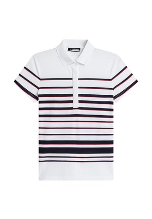 Lyhythihainen polo-paita valkoisena, jossa on vaakasuorat navy- ja punaiset raidat. Paitassa on klassinen kaulus ja nappikaulus.