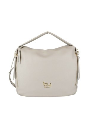 Borsa a mano in pelle beige con manico singolo superiore, logo "by" dorato sul davanti, cerniere laterali e tracolla regolabile.