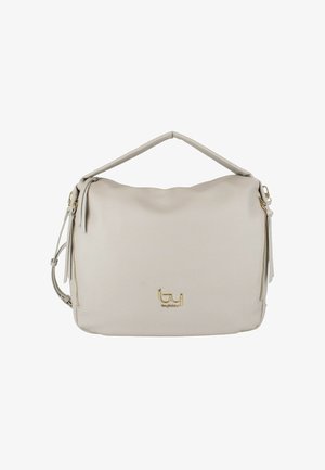 Borsa a mano in pelle beige con manico singolo superiore, logo "by" dorato sul davanti, cerniere laterali e tracolla regolabile.
