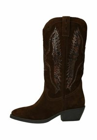 Bottine de cowboy en suede marron avec des accents de motif serpent brun et un bout légèrement pointu, dotée d'un petit talon carré et d'une couture décorative.