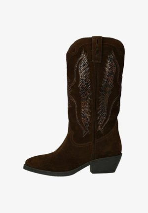 Brown suede cowboy boot with brown snake pattern accents and a slightly pointed toe, featuring a low block heel and decorative stitching.