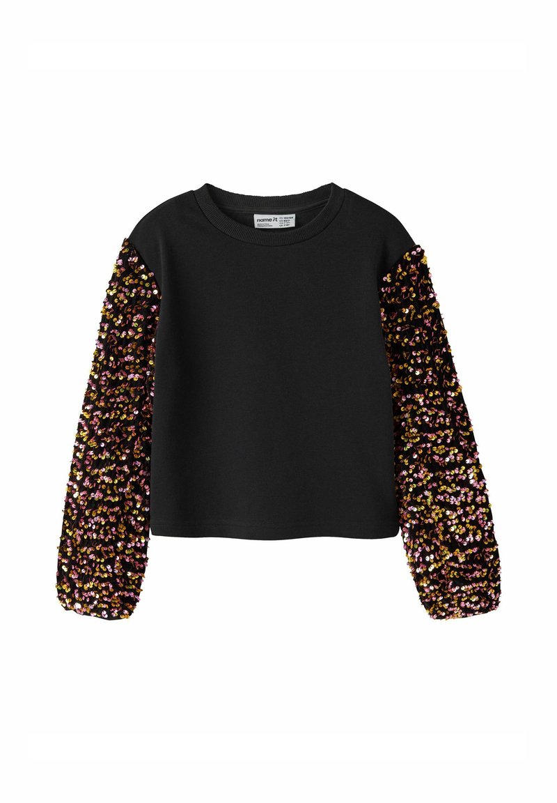 Felpa nera con maniche in sequins testurizzati nei colori rosa, giallo e viola. Collo tondo e polsini aderenti. Corpo in tessuto liscio.