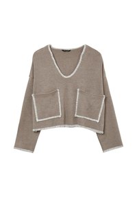Pull court marron à manches longues, col en V et bord blanc. Doté de deux poches avant et d'une texture en tricot douce.