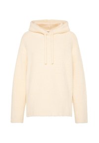 Cream-colored hoodie made of soft, textured fabric. Features a drawstring hood, long sleeves, and a relaxed, boxy fit.