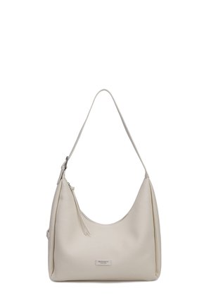 Beige leren schoudertas met rits en een enkele schouderband, met een klein rechthoekig merklabel aan de voorkant.