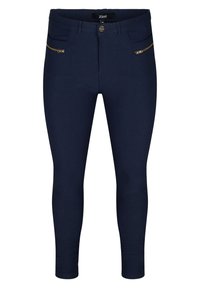 Navy blauwe slim-fit broek van stretchstof, met twee voorkruiden met gouden ritsen en een enkele knoopsluiting.
