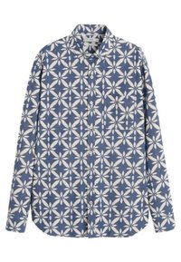 Camicia a maniche lunghe con bottoni di colore blu con motivo floreale bianco. Materiale in cotone, colletto standard, orlo dritto e dettaglio dei bottoni.