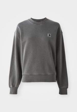Gray pullover sweatshirt made of smooth cotton blend, featuring a round neck, ribbed cuffs, and a small logo patch on the left chest.