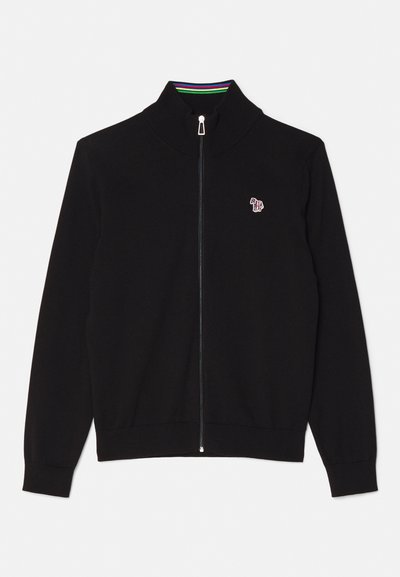 Black zip-up jacket with a high collar, textured fabric, and a small patterned logo on the chest. Includes multicolored striped accents at the collar.