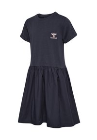 Marineblaues kurzärmeliges Kleid mit gerafftem Rock, Rundhalsausschnitt, umgeschlagenen Bündchen und kleinem hellrosa Hummel-Logo auf der Brust.