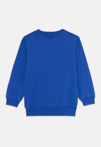 Felpa a maniche lunghe blu semplice con polsini, scollatura e orlo a coste, mostrata da dietro su uno sfondo bianco.