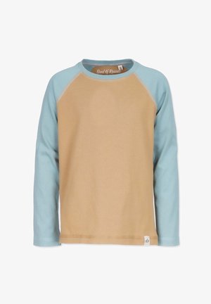 Langærmet skjorte med en beige krop og lyseblå raglanærmer. Blødt bomuldsstof med rund hals og stikning nederst. Brandlabel nederst.