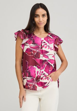 Blusa floreale bordeaux con fiori rosa e crema. Presenta maniche a volant e scollatura rotonda. Realizzata in tessuto leggero.