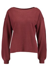 Maglione bordeaux con ampia scollatura off-shoulder, maniche lunghe e polsini a coste. Tessuto morbido e vestibilità ampia per il massimo comfort.