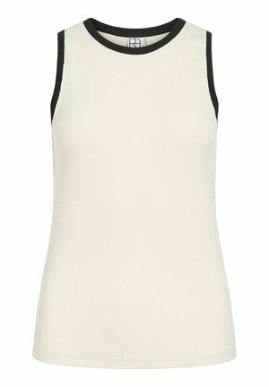 Haut sans manches côtelé en écru avec bordure noire autour des emmanchures et du col, coupe ajustée avec col rond.