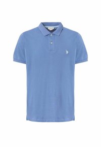 Polo shirt azzurro chiaro in cotone, con colletto classico, patta con due bottoni e logo ricamato sul petto. Maniche corte.