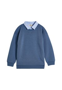 Felpa blu con inserto di una camicia collare azzurro. Presenta un collo rotondo, maniche lunghe e polsini e orlo a costine.