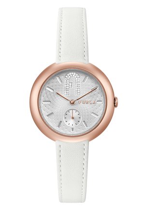 Orologio rotondo con cassa in oro rosa, quadrante bianco testurizzato e un piccolo sottodial. Cinturino in pelle bianca con dettagli di cucitura. Presenta cristalli decorativi.