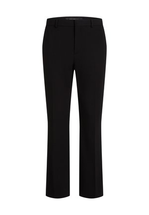Black tailored trousers made of smooth fabric, featuring a straight leg design, belt loops, and front pockets for added functionality.