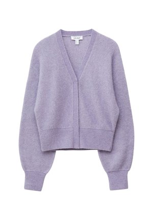Lavender cropped cardigan made of soft ribbed material, featuring a v-neck, balloon sleeves, and a wide ribbed hem.