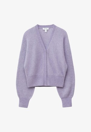 Lavenderfarbener, verkürzter Cardigan aus weichem, geripptem Material mit V-Ausschnitt, Ballonärmeln und einem breiten, gerippten Saum.