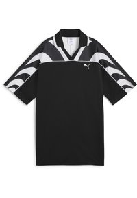 Maillot noir à manches courtes avec un col à revers, présentant des motifs angulaires blancs sur les épaules et un petit logo blanc sur la poitrine.
