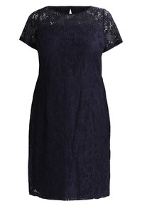 Abito in pizzo blu navy con maniche corte, caratterizzato da motivi floreali e scollatura arrotondata. Dettaglio a oblò sul retro, texture liscia.