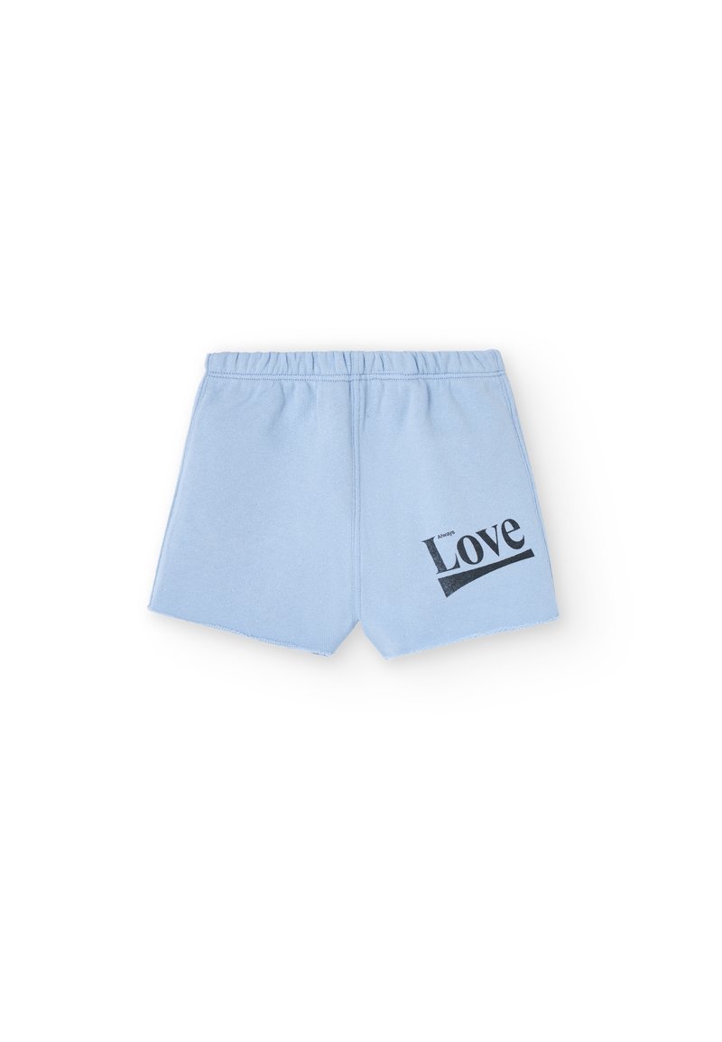 Ljusblå sweatshorts i en bomullsblandning med elastisk midja. Har en svart tryckt "Love"-text på ena sidan.