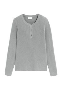 Grijze ribbel lange mouw henley top met een ronde halslijn en een drieknoopsluiting. Zachte textuur, slim fit ontwerp en geen zichtbare patronen.