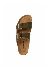 Gröna mocka slide-sandaler med två justerbara remmar och kopparfärgade spännen. Formad sula med tan-färg och strukturerad yttersula.