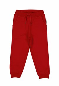 Røde joggingbukser lavet af blødt stof, med elastisk taljebånd med snøre, sidelommer og tilspidsede manchetter.