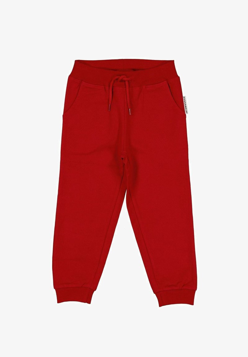 Røde joggingbukser lavet af blødt stof, med elastisk taljebånd med snøre, sidelommer og tilspidsede manchetter.
