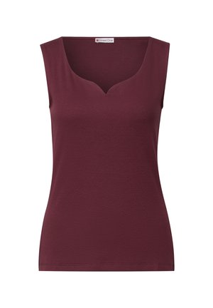 Haut sans manches bourgogne avec une texture côtelée et un décolleté en V. Fabriqué en matériau doux et extensible. Aucune quincaillerie ou accent visible.