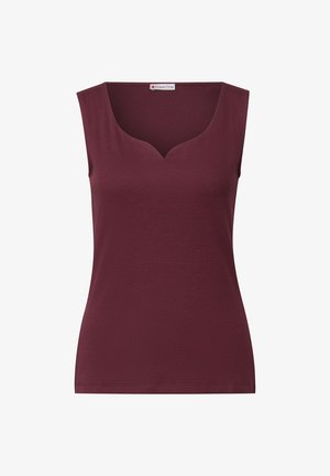 Burgunderfarbener ärmelloser Oberteil mit gerippter Textur und V-Ausschnitt. Hergestellt aus weichem, dehnbarem Material. Keine sichtbaren Beschläge oder Akzente.