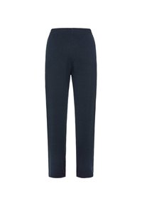 Marineblaue, leichte Jersey-Hosen mit einem bequemen elastischen Bund und schmal zulaufenden Beinen. Sie haben eine glatte Textur und ein minimales Design.