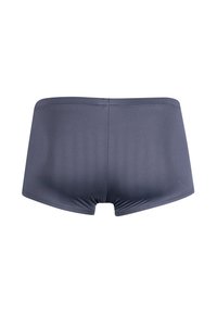 Men's swim shorts in dark gray, made of smooth, stretchy fabric. Features a low-rise design with a subtle logo on the side.