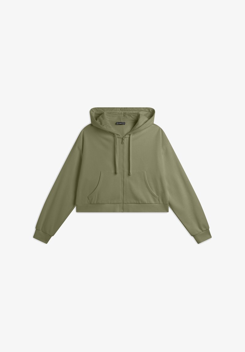 Sudadera corta con cremallera en color verde oliva. Cuenta con capucha con cordón y dos bolsillos frontales. Tejido suave con puños y dobladillo acanalados.