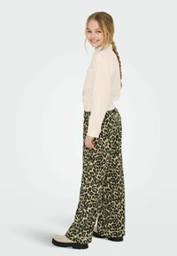 Světle béžová blůza s límečkem, zkombinovaná s širokými kalhotami s leopardím potiskem v černé a béžové barvě. Podtrženo robustními světle barevnými botami.